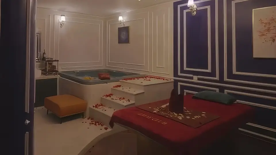네이비 패널 벽면과 장미 꽃잎이 뿌려진 자쿠지 욕조, 마사지 베드가 배치된 엘메이 스파 로맨틱 스위트